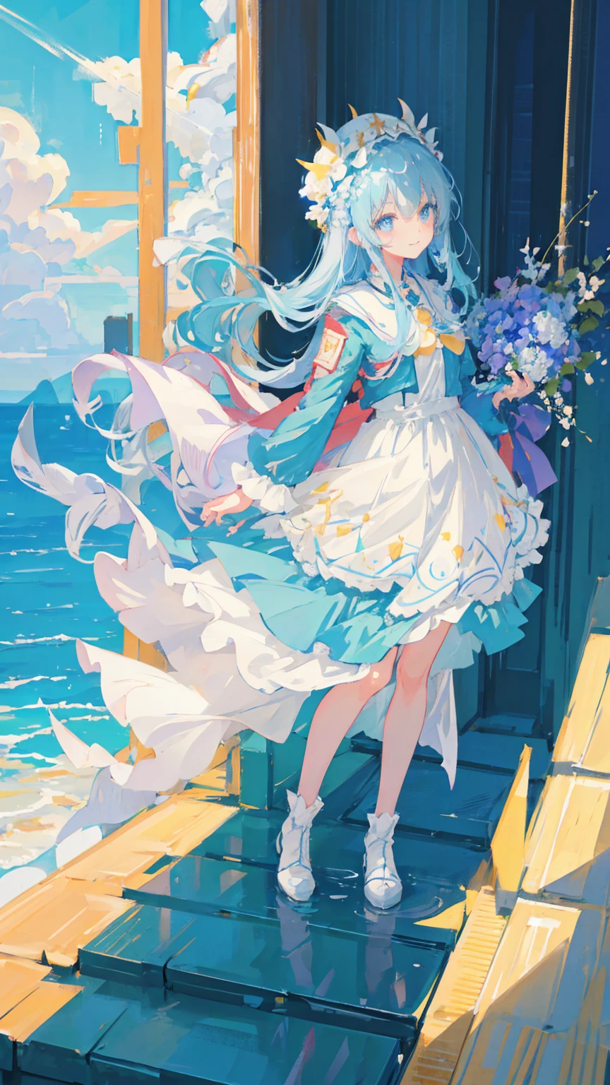 Anime Girl,light blue hair,blue eyes,White裙子,White,Flower headdress,Standing in the flower field,Smile,Starry sky background,Popular topics on artstation pixiv, Digital Art on pixiv, anime art wallpaper 8 k, guweiz on pixiv artstation, Anime Art Wallpaper 4K, Anime Art Wallpaper 4K, Top rated on Pixiv, Beautiful anime artwork, Pixiv competition winner,(Multi-angle)