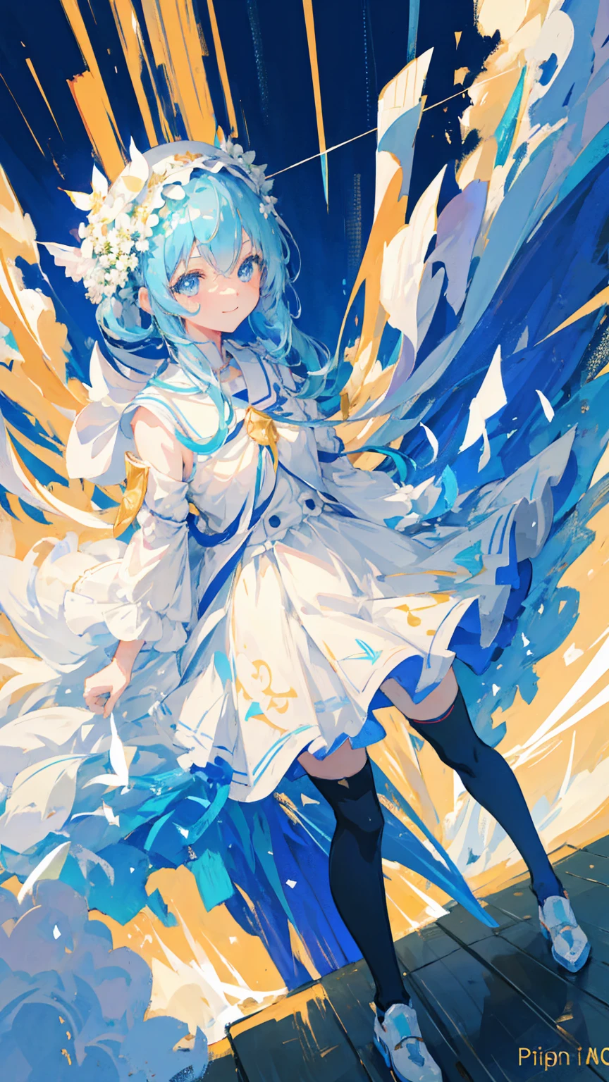 Anime Girl,light blue hair,blue eyes,White裙子,White,Flower headdress,Standing in the flower field,Smile,Starry sky background,Popular topics on artstation pixiv, Digital Art on pixiv, anime art wallpaper 8 k, guweiz on pixiv artstation, Anime Art Wallpaper 4K, Anime Art Wallpaper 4K, Top rated on Pixiv, Beautiful anime artwork, Pixiv competition winner,(Multi-angle)