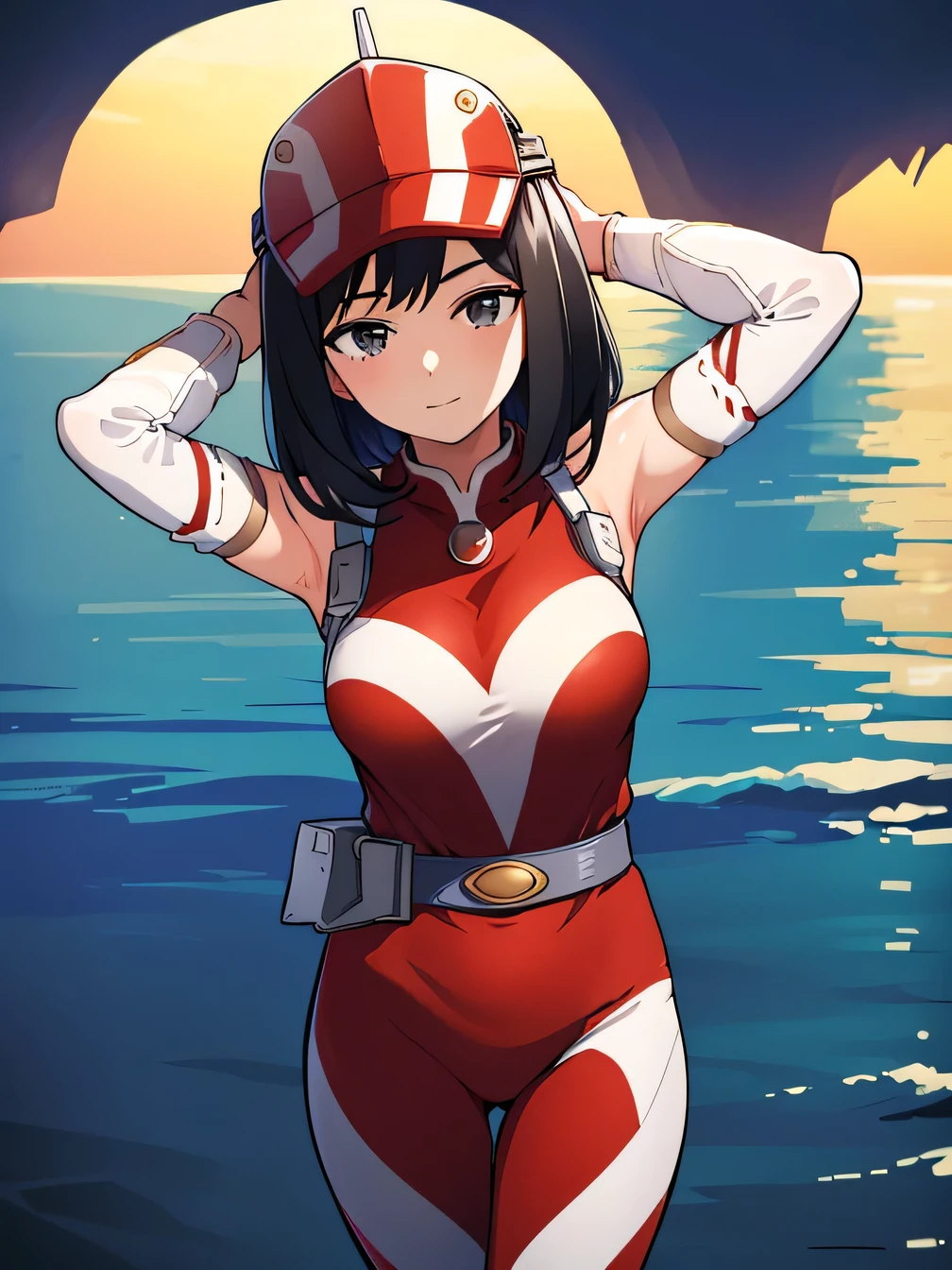 1girl, alone, yui kodai, medium hair, black eyes, smiling, closed mouth, best quality, (peak cap: 1.2), (red and white jumpsuit: 1.2), sleeves long, belt, (red and white pants: 1.2), (white sneakers: 1.2), large breasts, medium waist, anime, closed mouth, solo, (cowboy shot:1.5) night sky, beach, arms behind head, contrapposto, shy smile, spread armpits, best quality, looking at viewer, expressionless,