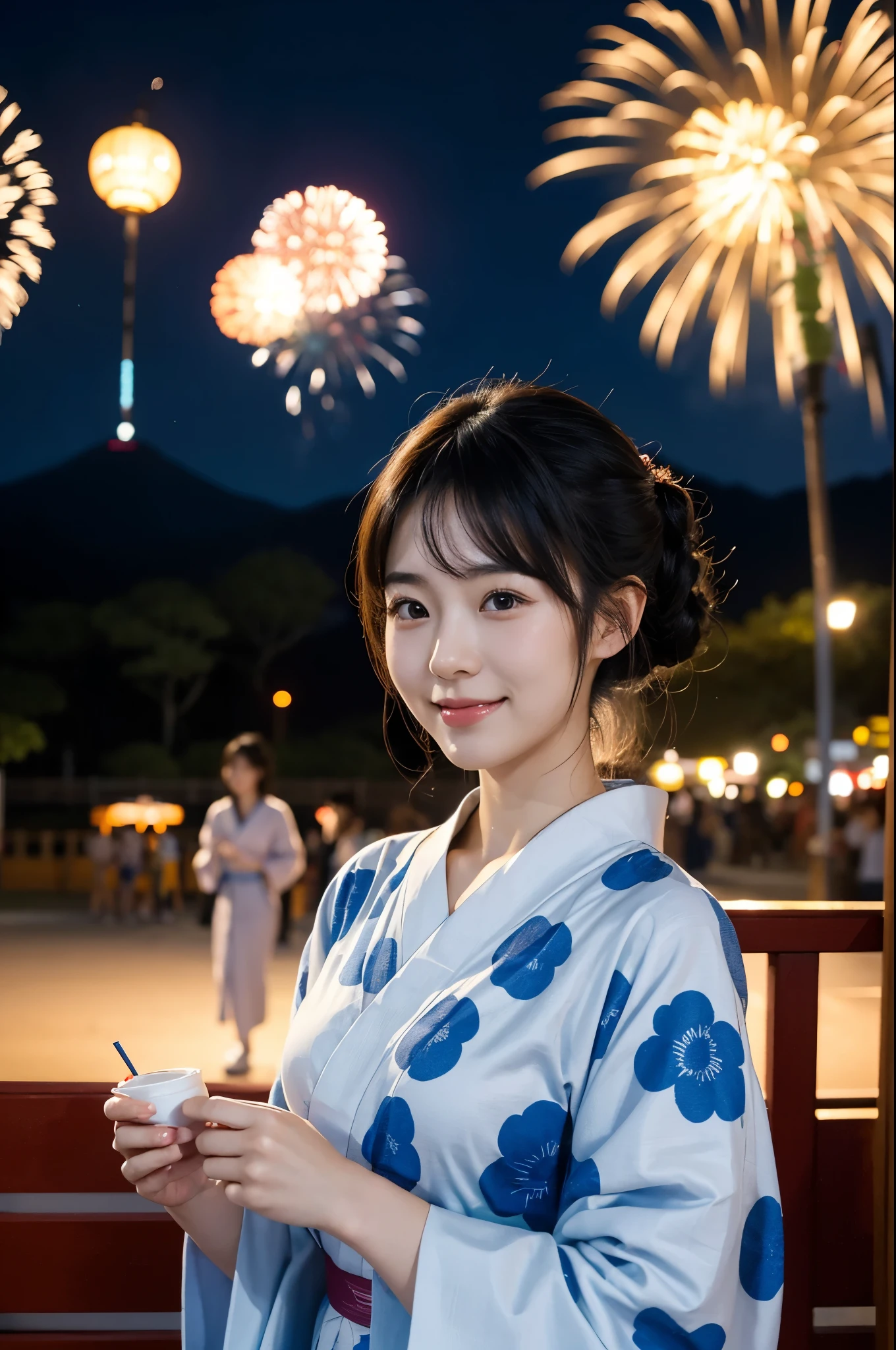 A cute Japanese woman in her 20s wearing a yukata enjoying a night Japanese festival and fireworks with friends