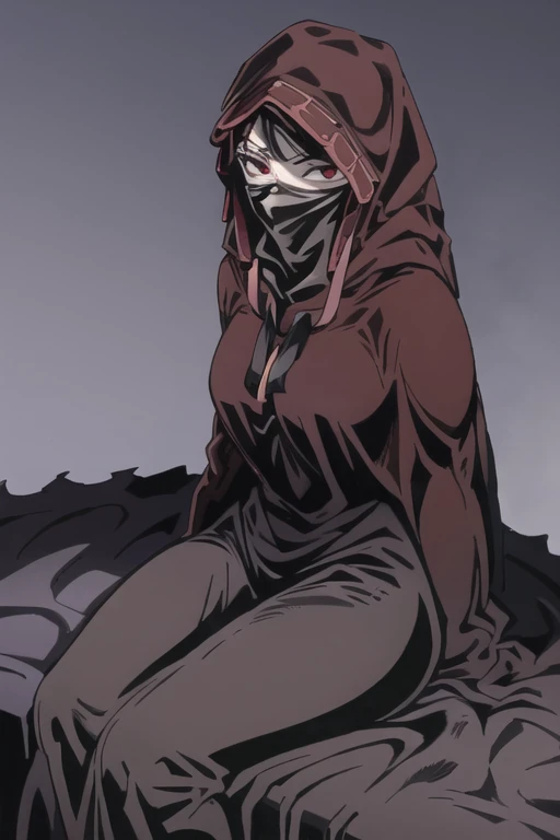No name assassin, red eyes, breasts, cloak, robe, long skirt, mask, hood, cape, sitting, best quality, masterpiece, bedroom 