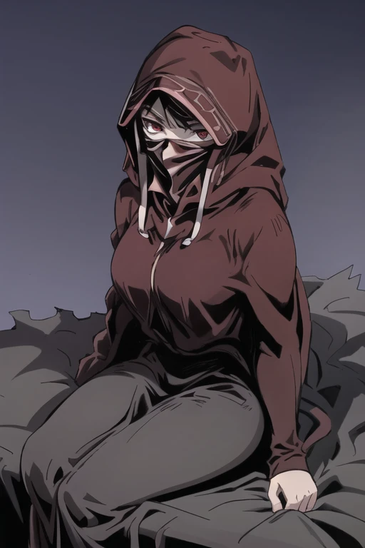 No name assassin, red eyes, breasts, cloak, robe, long skirt, mask, hood, cape, sitting, best quality, masterpiece, bedroom 