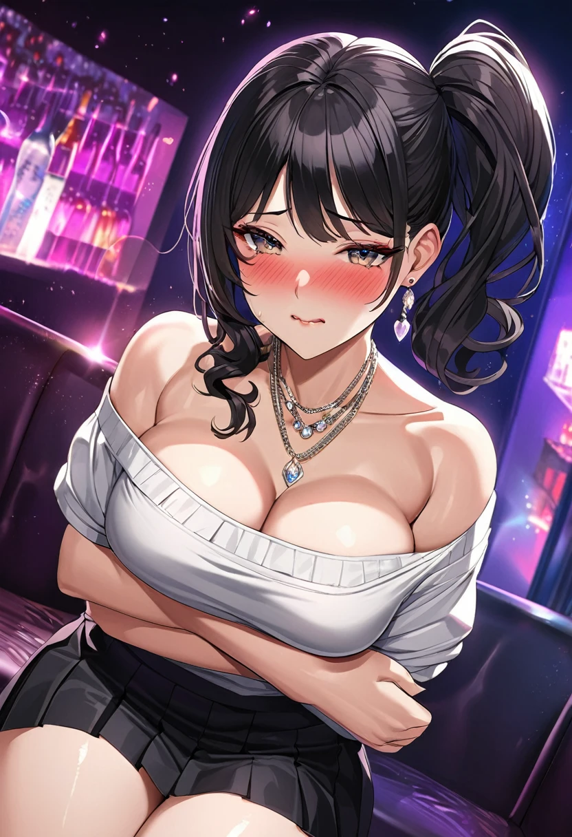 ultra detailed anime,hyperrealistic anime style,beautiful mature woman,pleated short skirt,undressing off-the -shoulder shirt,(blushed and drunken:1.2),teary,black hair,side ponytail,earring,necklace,bracelet,curvy,at nightclub,dark light,look at viewer,