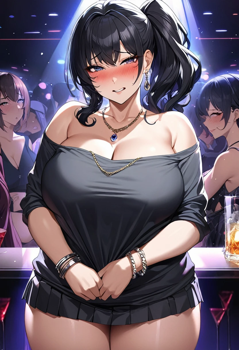 ultra detailed anime,hyperrealistic anime style,beautiful mature woman,pleated short skirt,undressing off-the -shoulder shirt,(blushed and drunken:1.2),teary,black hair,side ponytail,earring,necklace,bracelet,curvy,at nightclub,dark light,look at viewer,