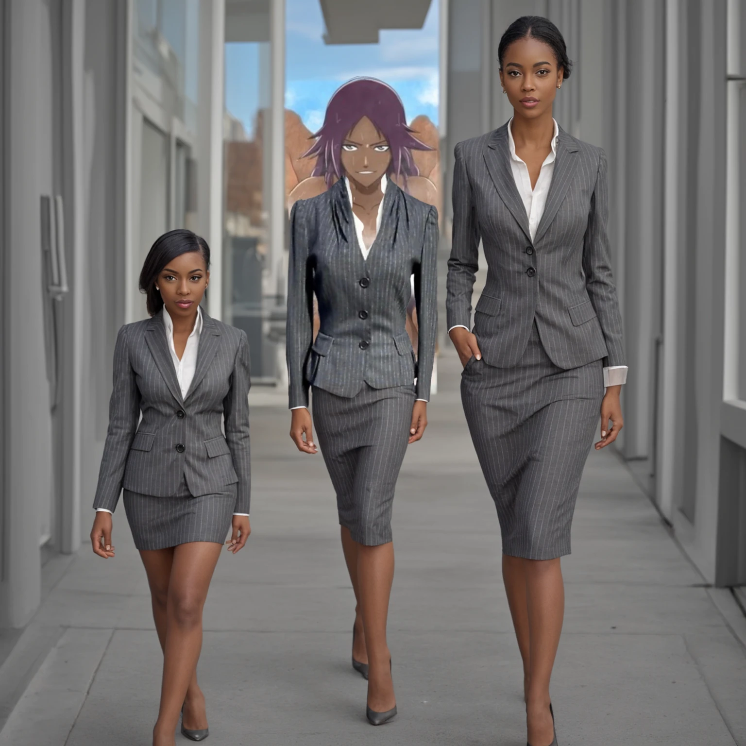 Black business woman in a grey pinstriped skirt suit