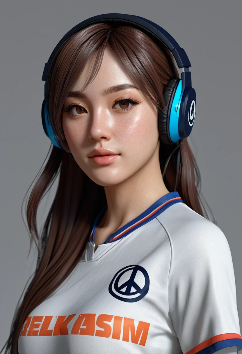 A image realistic of a beautiful anime young girl with a vibrant and stylized appearance. The character has long hair and is wearing headphones, which gives off a casual and modern vibe. The jersey with the name “RICK” and the number “16” suggests that the character may be associated with a team or group, possibly in a competitive or gaming context. The peace sign gesture with both hands is often associated with positivity, victory, or greeting, which complement, hyperrealism, realistic lighting, ultra skin texsture, stable diffusion, perfect anatomy, crazy details, hyperrealism body, hyperrealism face, hyperrealism breast, hyperrealism hair, hyperrealism shadows, hyperrealism texsture, hyperrealism skin texsture, hyperrealism detailed face, hyperrealism detailed body, hyperrealism detailed breast, hyperrealism detailed hair, hyperrealism detailed anatomy, hyperrealism detailed lighting, hyperrealism detailed shadows, hyperrealism detailed texsture, hyperrealism detailed background
