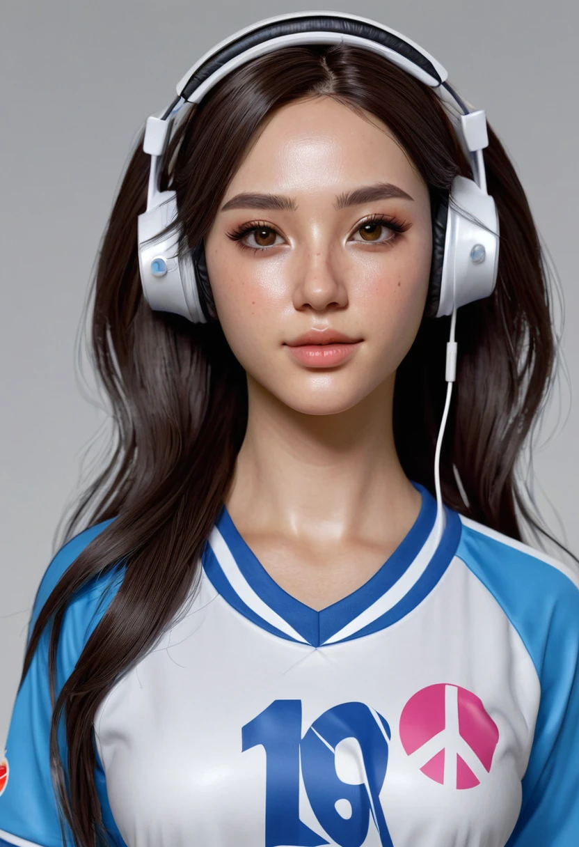 A image realistic of a beautiful anime young girl with a vibrant and stylized appearance. The character has long hair and is wearing headphones, which gives off a casual and modern vibe. The jersey with the name “RICK” and the number “16” suggests that the character may be associated with a team or group, possibly in a competitive or gaming context. The peace sign gesture with both hands is often associated with positivity, victory, or greeting, which complement, hyperrealism, realistic lighting, ultra skin texsture, stable diffusion, perfect anatomy, crazy details, hyperrealism body, hyperrealism face, hyperrealism breast, hyperrealism hair, hyperrealism shadows, hyperrealism texsture, hyperrealism skin texsture, hyperrealism detailed face, hyperrealism detailed body, hyperrealism detailed breast, hyperrealism detailed hair, hyperrealism detailed anatomy, hyperrealism detailed lighting, hyperrealism detailed shadows, hyperrealism detailed texsture, hyperrealism detailed background