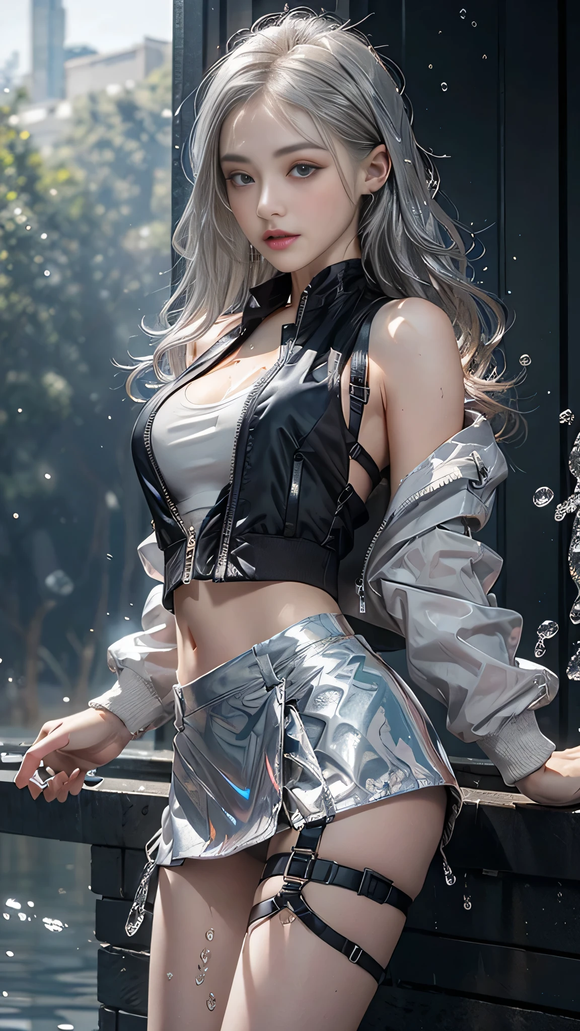 8k, masterpiece, 1 girl, beautiful face, ((very long hair)), glossy makeup, closed mouth, (glossy skin:1.5), detailed eyes, detailed lips, push up breasts, ((silver short jacket)), ((ultra light vest)), ((silver short mini skirt:1.5)), ((under pants)), ((bare thigh)), ((straps clothing:1.4)), (water falling:1.4), steam effect, ((water vapor)), adult pose,