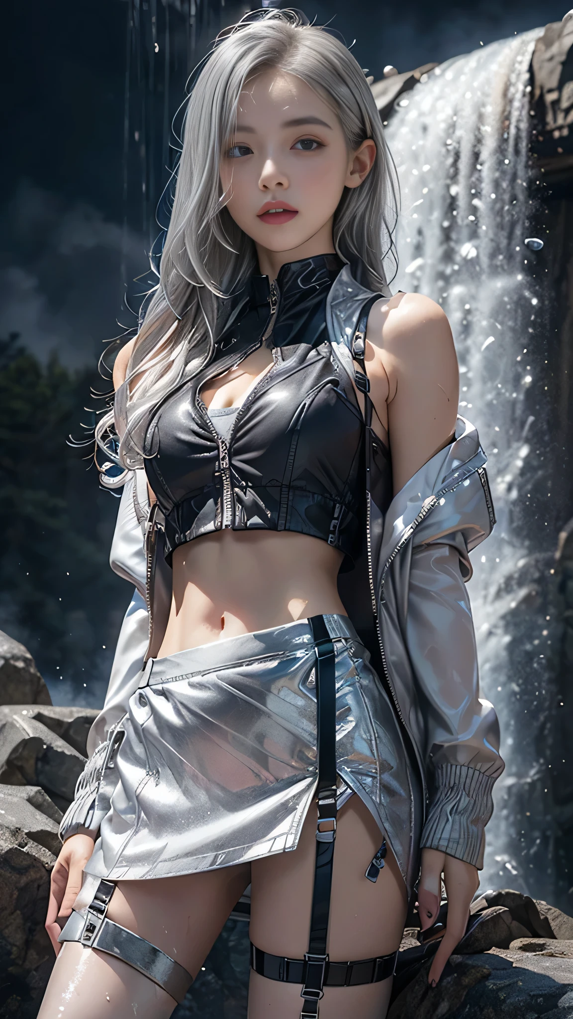 8k, masterpiece, 1 girl, beautiful face, ((very long hair)), glossy makeup, closed mouth, (glossy skin:1.5), detailed eyes, detailed lips, push up breasts, ((silver short jacket)), ((ultra light vest)), ((silver short mini skirt:1.5)), ((under pants)), ((bare thigh)), ((straps clothing:1.4)), (water falling:1.4), steam effect, ((water vapor)), adult pose,