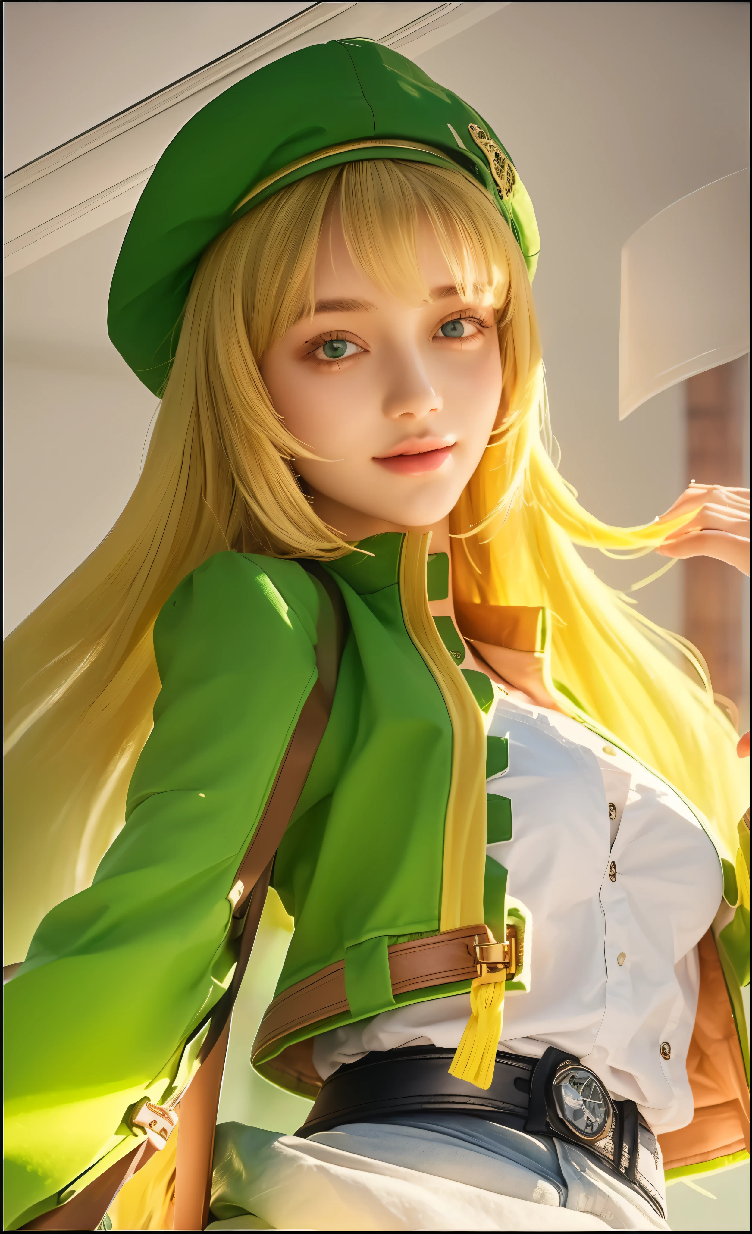 a young girl in a green hat and green jacket, beautiful detailed eyes, beautiful detailed lips, extremely detailed face, long eyelashes, soft lighting, photorealistic, 8k, high resolution, masterpiece, realistic, portrait, vibrant colors, cinematic lighting, intricate details, natural skin tones, smile