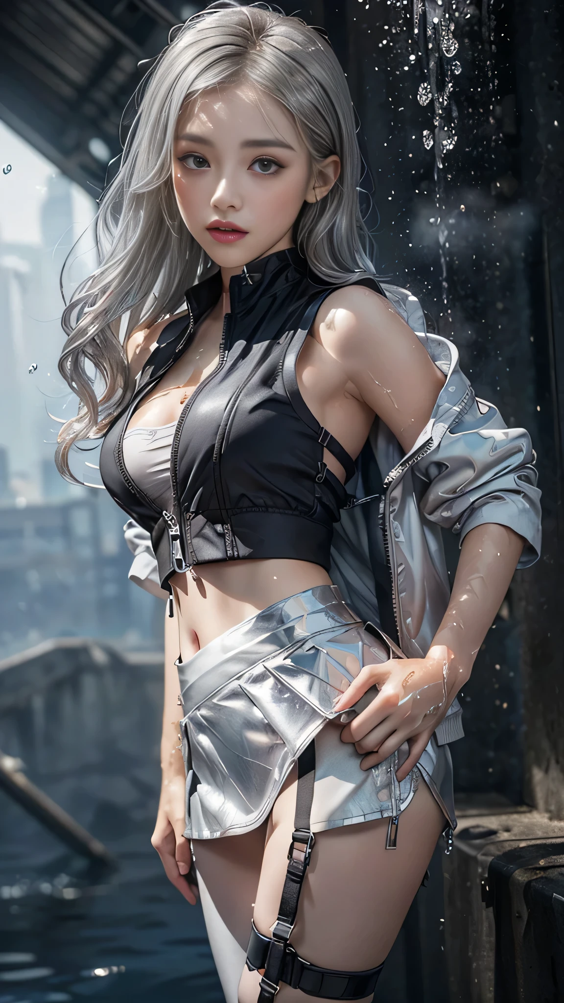8k, masterpiece, 1 girl, beautiful face, ((very long hair)), glossy makeup, closed mouth, (glossy skin:1.5), detailed eyes, detailed lips, push up breasts, ((silver short jacket)), ((ultra light vest)), ((silver short mini skirt:1.5)), ((under pants)), ((bare thigh)), ((straps clothing:1.4)), (water falling:1.4), steam effect, ((water vapor)), adult pose,