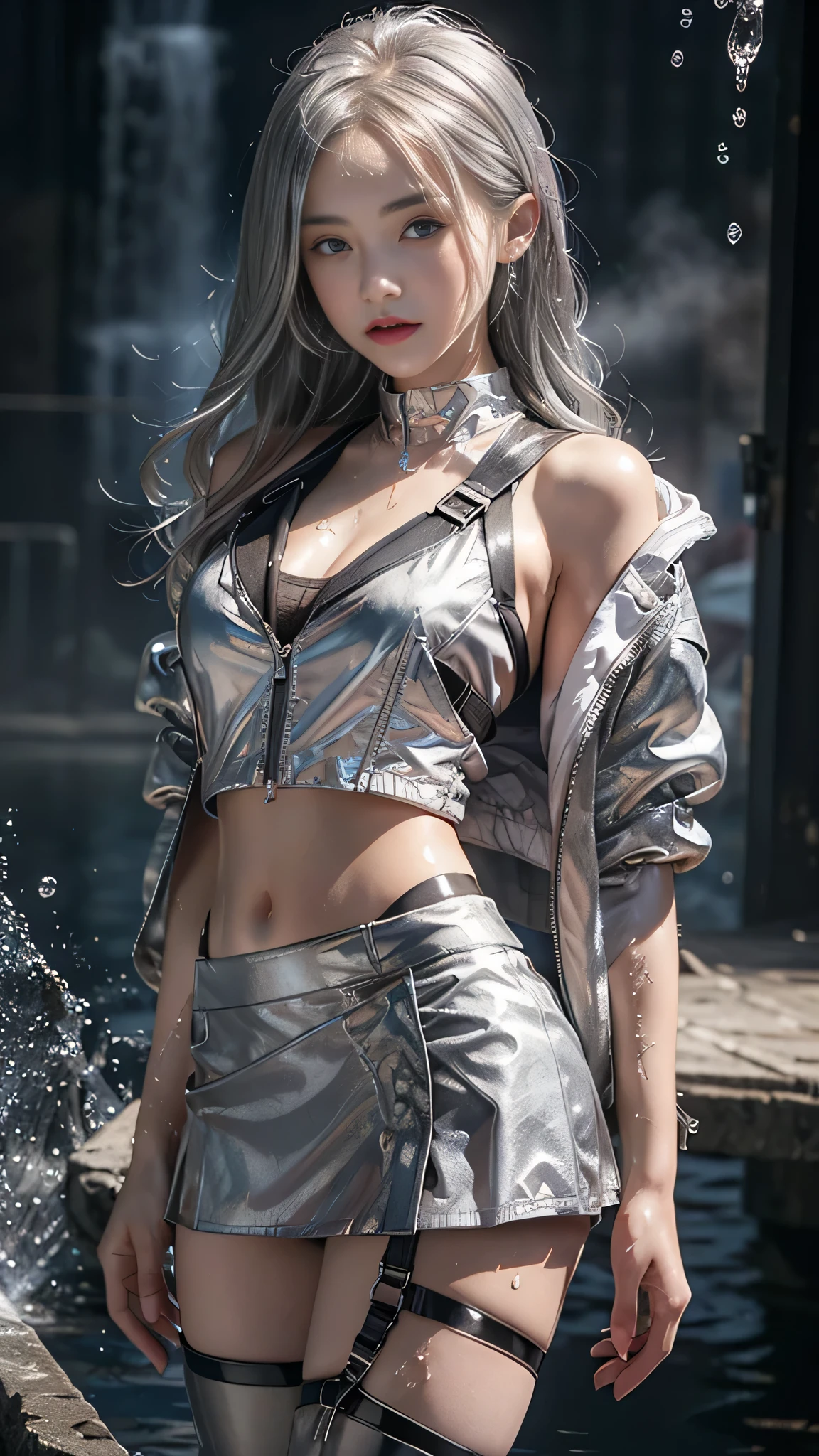 8k, masterpiece, 1 girl, beautiful face, ((very long hair)), glossy makeup, closed mouth, (glossy skin:1.5), detailed eyes, detailed lips, push up breasts, ((silver short jacket)), ((ultra light vest)), ((silver short mini skirt:1.5)), ((under pants)), ((bare thigh)), ((straps clothing:1.4)), (water falling:1.4), steam effect, ((water vapor)), adult pose,