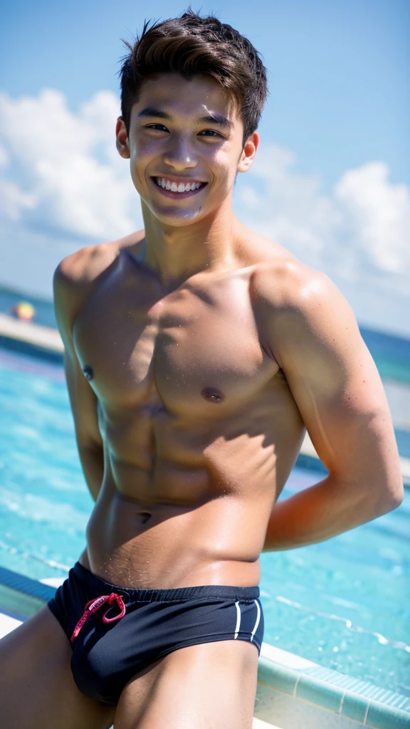 male Age 24 swimwear lifeguard topless smile