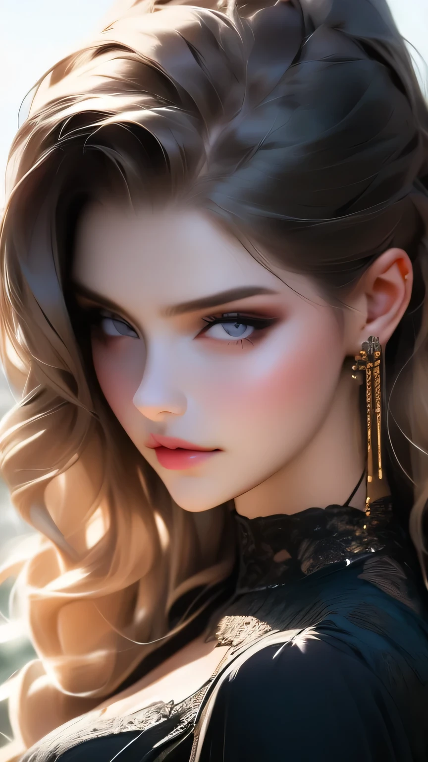 ((A 30-year-old woman wearing a black gothic dress))､Unparalleled beauty、masterpiece, 最high quality, high quality, High resolution, Highly refined muscles、Very detailed、Detailed skin texture、Intricate details、Depth of written border、Bright lighting、（Lighting from below）、Beautiful Face、Realistic Face、Realistic eyes、Beautiful fine grain、Realistic Skin、Beautiful Skin、Ultra-realistic、Very detailed、Golden Ratio、The most beautiful images in the world, Location was great.、(Cinema Lighting)、Detail emphasis, Beautiful lighting、Sharp focur.々A pose、超Detailed face、Fine grain、Increased hair growth、Brown Hair、Long Hair、Beautiful Hairstyles、Detailed face、Incredibly stupid, It seems ridiculous., (Big Breasts)、((Face close-up))、