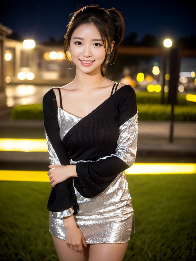a gorgeous lady in a Bow Front Flounce Sleeve 2-in-1 Dress, standing under night sky, dimpled smile, short ponytail, in a natural pose, photorealistic, beautiful detailed eyes, hyper-realism, high contrast, ultra HD, realistic skin textures, top image quality, top-quality, super high resolution, fine details, very meticulously, bokeh background