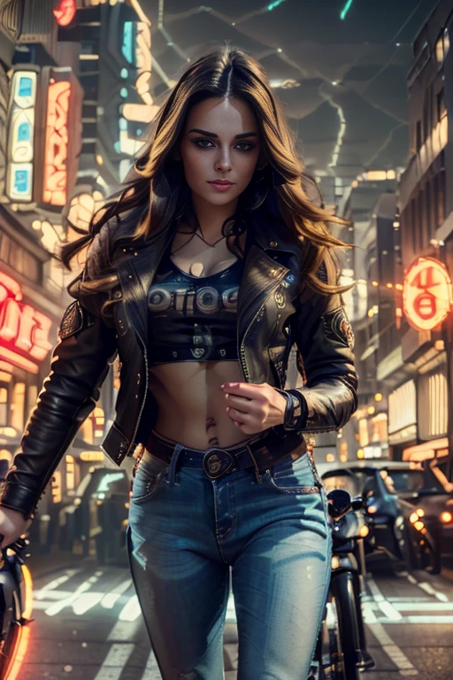 a girl in a harley, detailed face and eyes, long hair, leather jacket, jeans, with a motorcycle, urban city background, neon lights, dynamic motion blur, cinematic lighting, vibrant colors, 8k, high resolution, photorealistic, intricate details, dramatic, cyberpunk style
