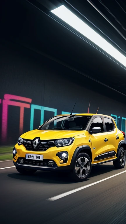 a close up of a Renault KWID car in a tunnel with graffiti on the walls, stunning art style, amazing wallpaper, glossy digital painting, 4k highly detailed digital art, automotive design art, car concept art, high quality digital painting, stylized digital art, background artwork, inspired by Mike Winkelmann, style digital painting, stylized digital illustration, 8k stunning artwork
