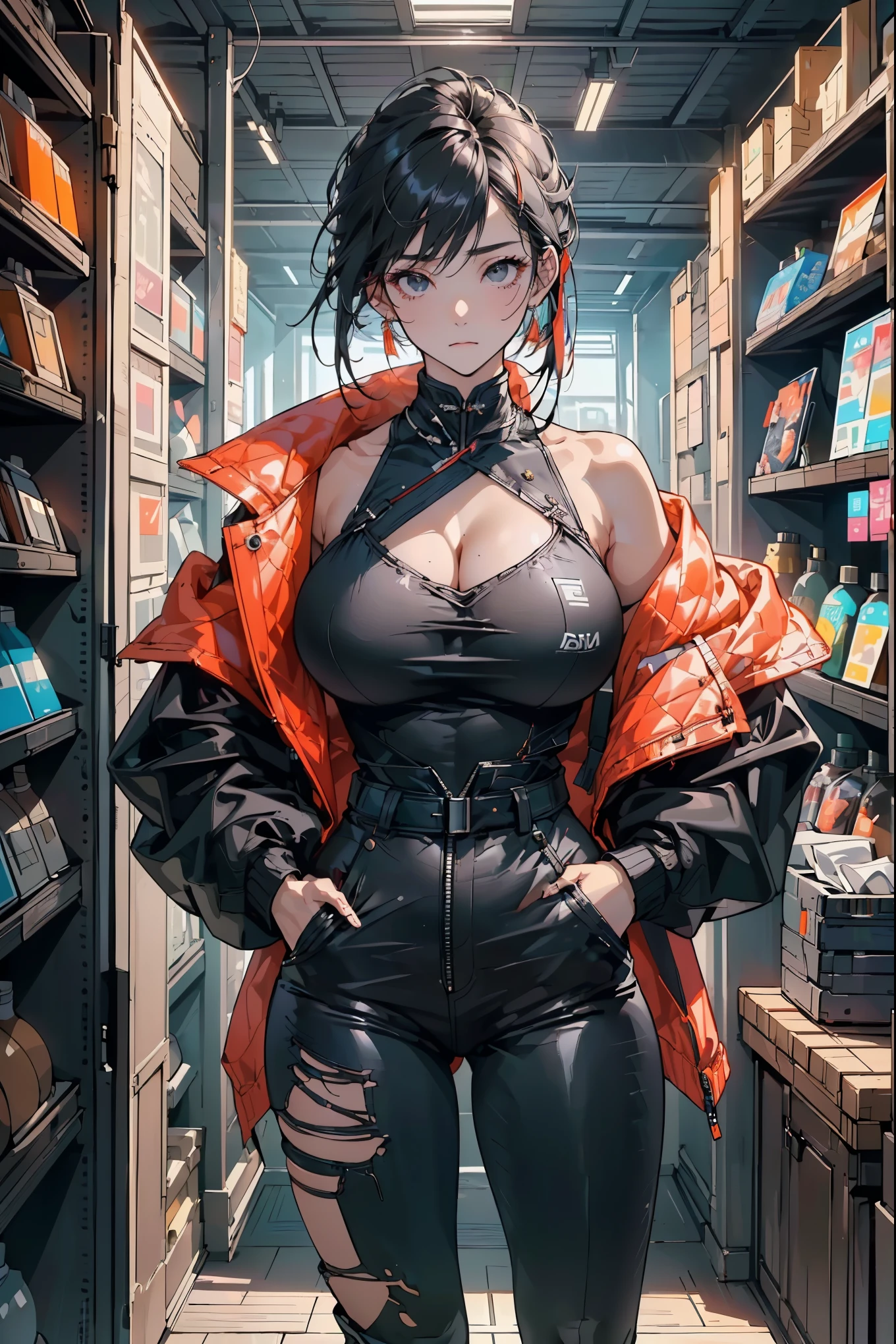 ((8k wallpaper extremely detailed CG unit:1.2, masterpiece, High resolution:1.2, Top quality:1.2, On the table)), ((A very beautiful woman, Hands in pockets:1.8, grunge fashion:1.2, Wear a jacket:1.2, wearing legging, Wear boots)), ((The face is rich in detail, Very detailed black eyes, contrasting eyes, Extra detailed body, Top quality真实纹理皮肤:1.2)), (A black-haired one, hair length, White skin), ((Colorful paint wall)), (High Angle:1.2, Fisheye:1.3), Surrealism, number,huge , Crazy breast swelling, Chest larger than shoulder blades, Big breasts and thin waist，(huge breasts:1.2)，Hydrated skin（（rogue））（（非常huge乳房）），（（Grooves reveal original skin））