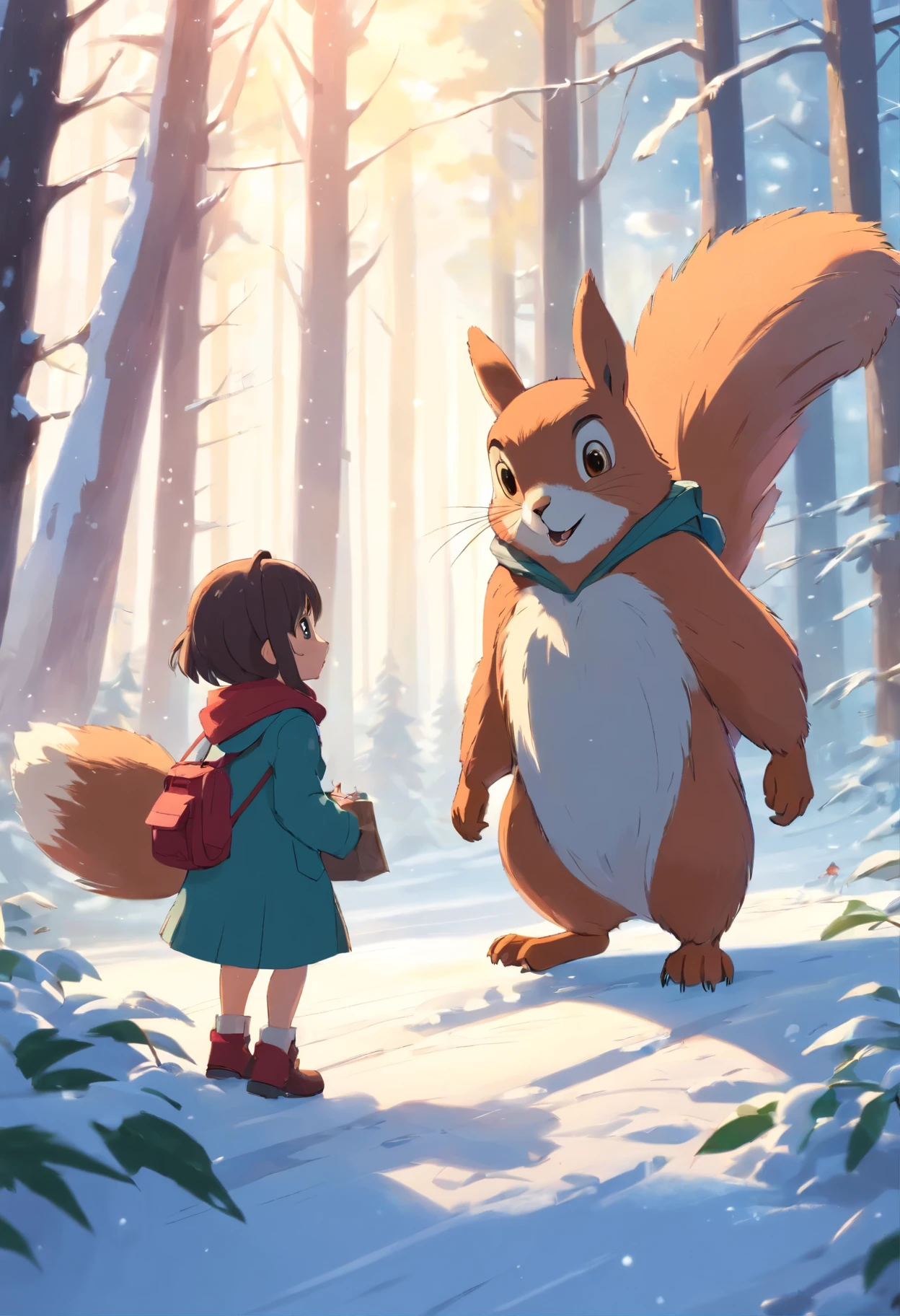 /imagine Sammy and Ruby Helping Mr. Owl**
- "Sammy the squirrel and Ruby the rabbit bringing their last acorns to a grateful Mr. Owl in the snowy forest cartoon animals