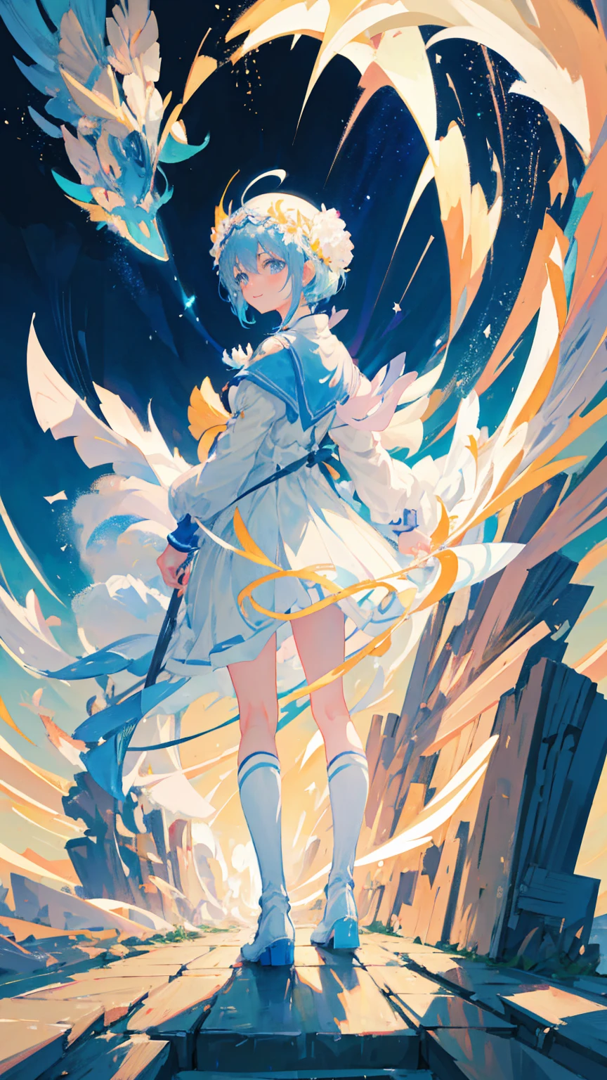 Anime Girl,light blue hair,blue eyes,White裙子,White,Flower headdress,Standing in the flower field,Smile,Starry sky background,Popular topics on artstation pixiv, Digital Art on pixiv, anime art wallpaper 8 k, guweiz on pixiv artstation, Anime Art Wallpaper 4K, Anime Art Wallpaper 4K, Top rated on Pixiv, Beautiful anime artwork, Pixiv competition winner,(Multi-angle)