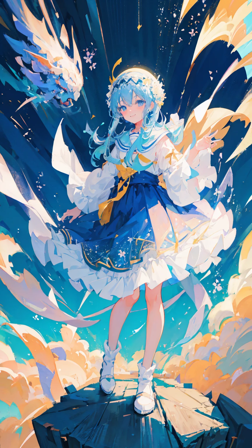 Anime Girl，light blue hair，blue eyes，White裙子，White，Flower headdress，Standing in the flower field，Smile，Starry sky background，Popular topics on artstation pixiv, Digital Art on pixiv, anime art wallpaper 8 k, guweiz on pixiv artstation, Anime Art Wallpaper 4K, Anime Art Wallpaper 4K, Top rated on Pixiv, Beautiful anime artwork, Pixiv competition winner，（Multi-angle）