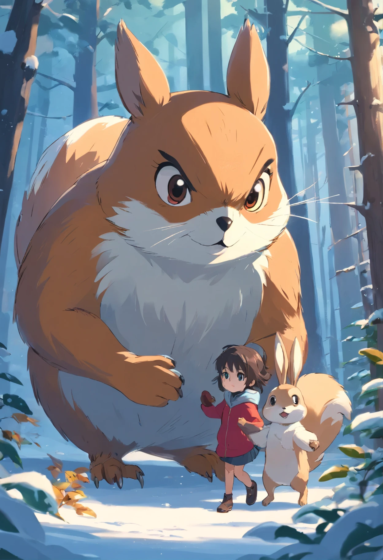 /imagine Sammy and Ruby Helping Mr. Owl**
- "Sammy the squirrel and Ruby the rabbit bringing their last acorns to a grateful Mr. Owl in the snowy forest cartoon animals