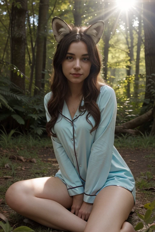 face looking at camera. Professional, high-quality photos, 4K resolution, Realistically detailed image of an attractive girl in cosplay fox, with fox ears and a fox tail. She is sitting in the middle of a magical forest, Every element is perfectly expressed. The texture of pajamas, The ears and tail are sharp、palpable. The sunlight falls on the leaves、The girl's face is gently illuminated, Highlights delicate and attractive facial expressions. (Big breast. Real life big mom).