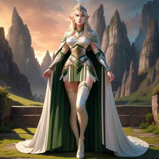 (masterpiece, clean, 8K, high res), pov, from front, full body portrait of a beautiful woman, blond, wearing intricate green and white  armor, belt, cape, white panties, tiara, elar, sunset lighting, deep shadows, mountain forest background 