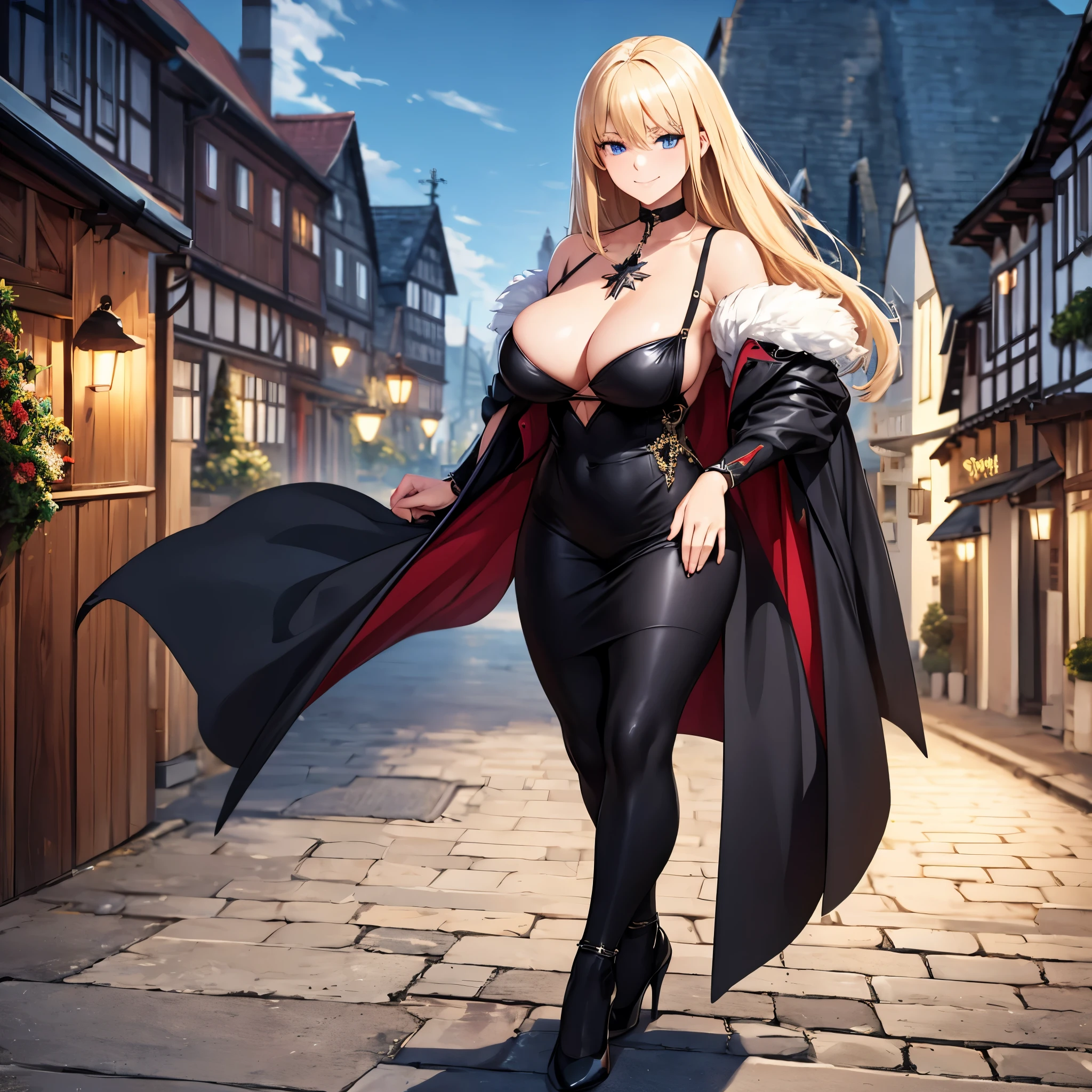 A woman wearing a luxurious black dress, wearing luxurious black heels, with white fur cape, iron cross necklace on her neck, big breasts, long blonde hair, blue eyes, smiling, walking on a promenade in a traditional German town of luxury, black gloves.red eyes,UHD , work- prime, precise, anatomically correct, textured skin, super details, high quality, best quality, 8k, high resolution, bokeh effect. (woman alone)