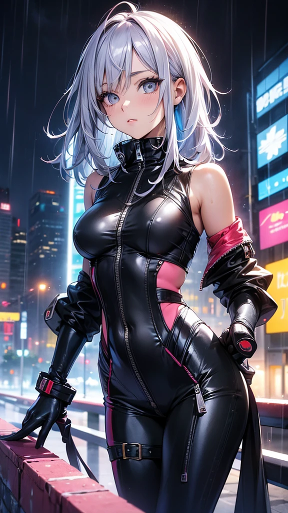 portrait, 1 girl, beautiful face, asymmetrical hair, multi-colored hair, belt, partial unzipped bodysuit and showing clevage, navel, detached sleeves, grey eyes, hip vent, open jacket, cute, look at viewer, night city, neon, rainy, back view