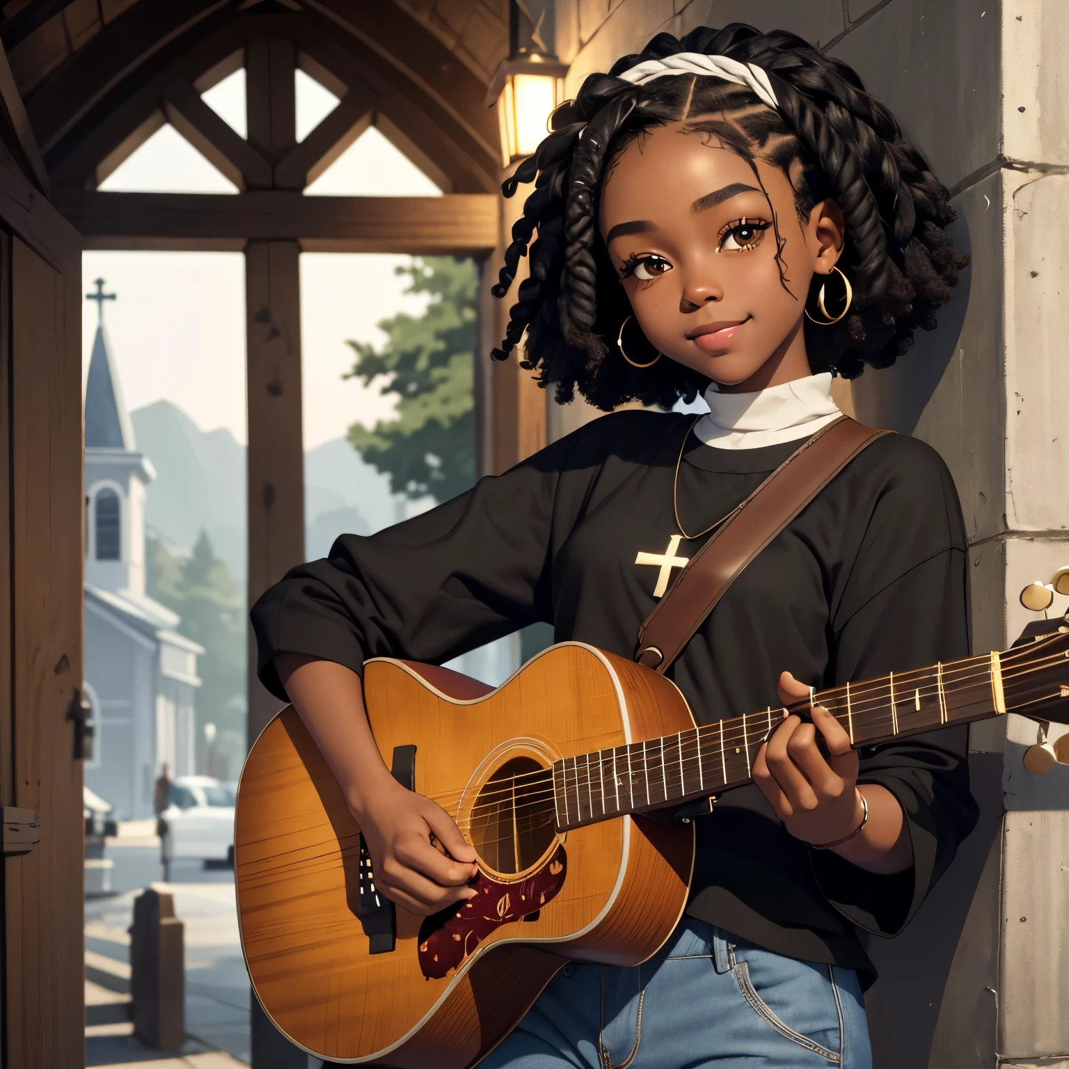 masterpiece, best quality), deep ebony 1girl, beautiful face, short Afro braids , cute, , beautify, Lofi vibe,, cute night vibe, concentrated, hands outside of the picture, Christian ,church vibe , smart clothing, cute look, clothing is dry and baggy, small breasts, teen vibe, cute smile, outside of the church, guitar