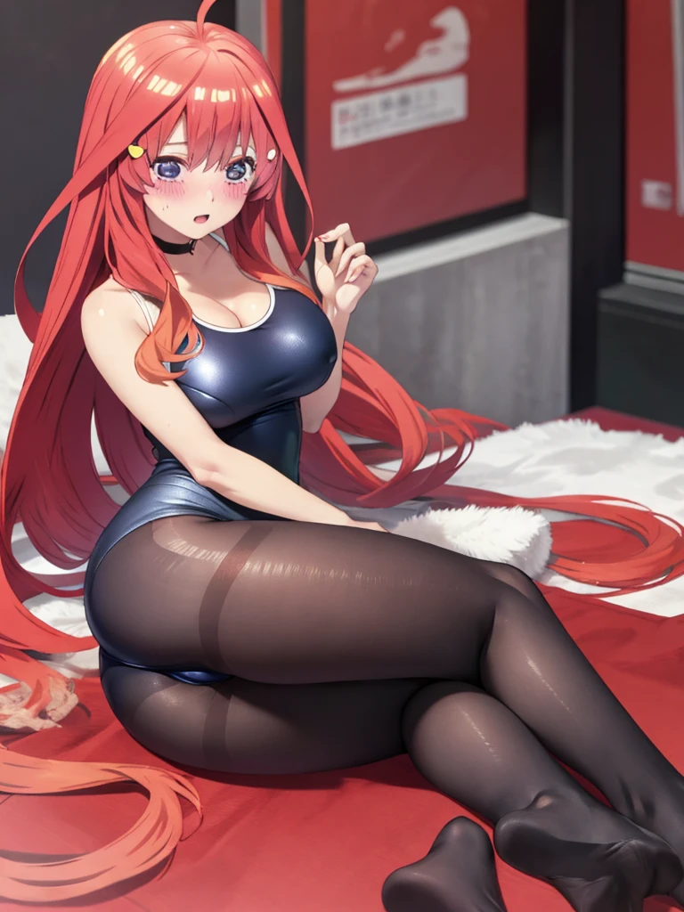 best quality, masterpiece, high quality, insanely detailed, ichika nakano, one-piece swimsuit, breasts, pantyhose, blush,