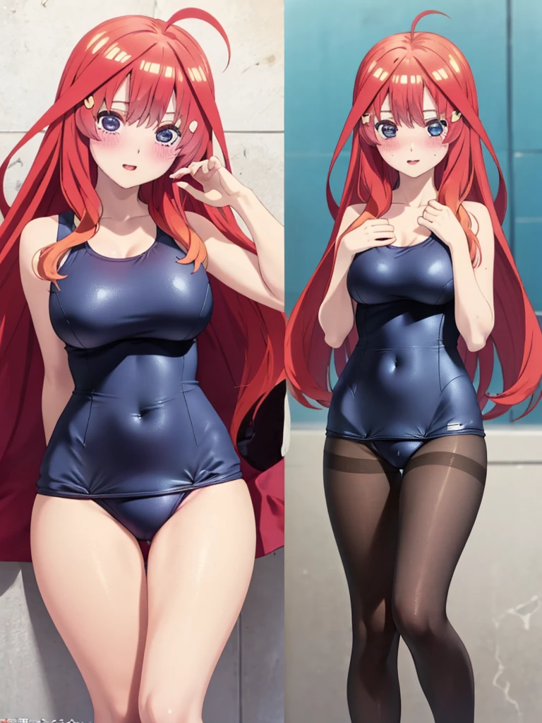 best quality, masterpiece, high quality, insanely detailed, ichika nakano, one-piece swimsuit, breasts, pantyhose, blush,