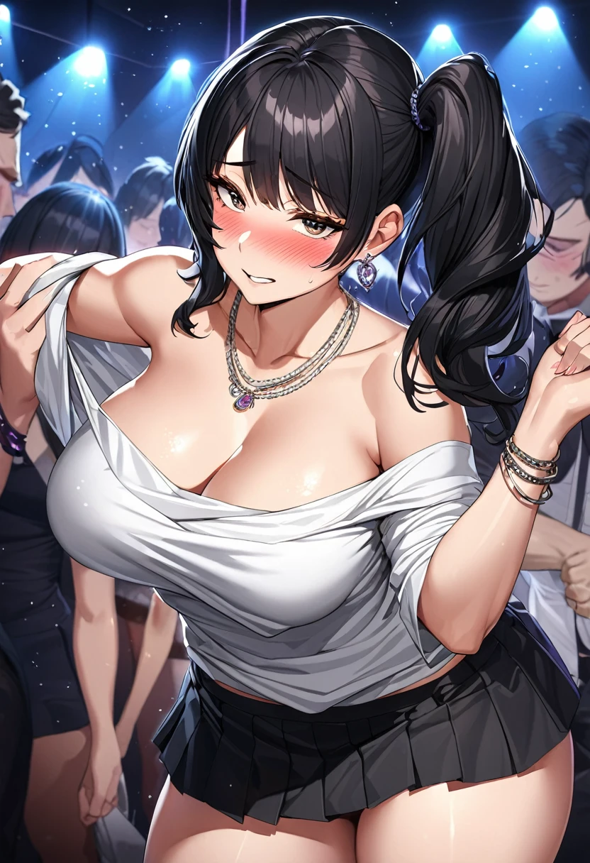 masterpiece,ultra detailed,(nipple-baring,revealing and see-through sexy dress,off-the -shoulder:1.3),look at viewer,thick arms,black hair,21 years old,(tareme),(2females:1.3),curvy adult females,oval face,sweaty,(at nightclub,danceclub,dark pink light:1.3),(pov,2females face on left and right:1.3),(face focus,pov:1.2),happy smile,sitting on viewer,breast grab,(close to viewer:1.3),upper body,gigantic breasts