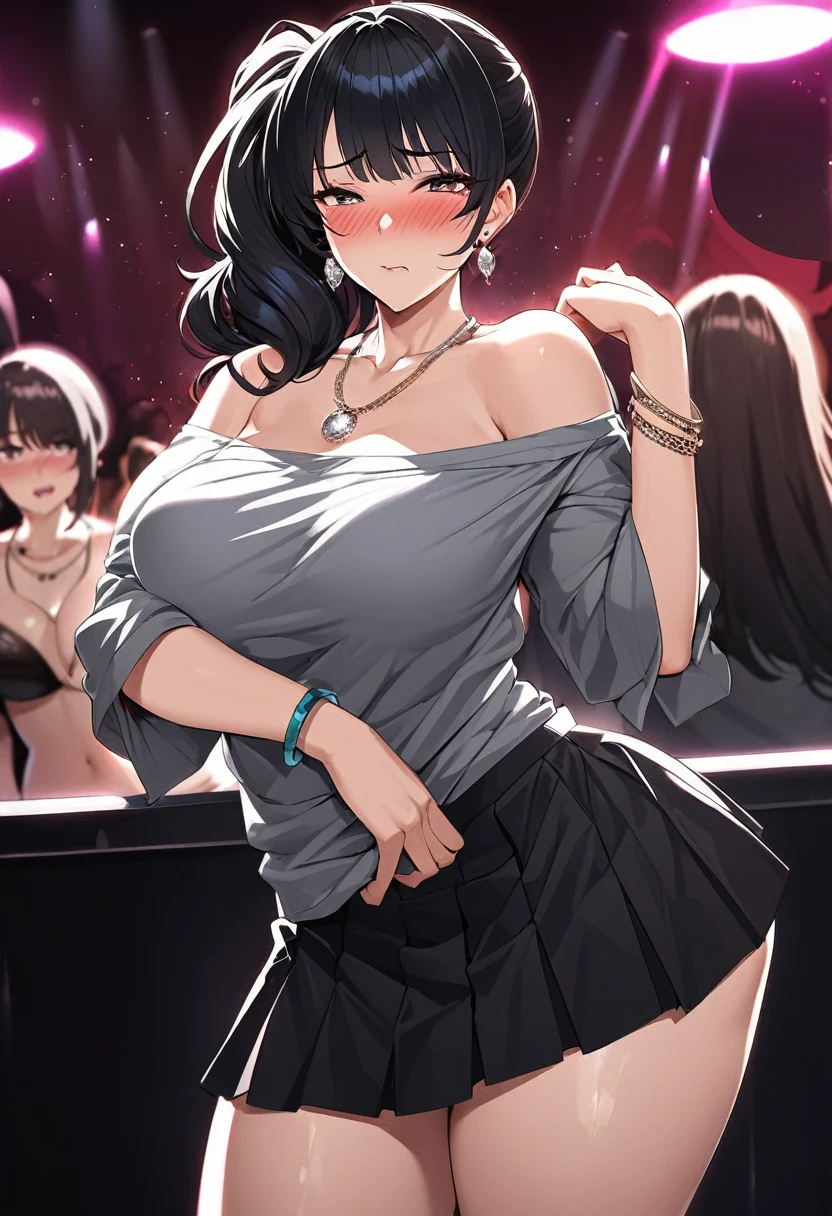 ultra detailed anime,hyperrealistic anime style,beautiful mature woman,pleated short skirt,undressing off-the -shoulder shirt,undressing,,(blushed and drunken:1.2),teary,black hair,side ponytail,earring,necklace,bracelet,curvy,at nightclub,dark light,look at viewer,