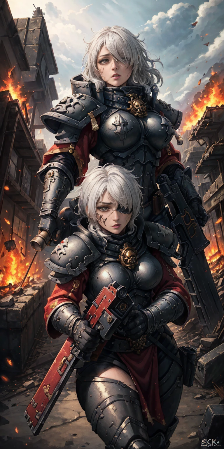 (masterpiece:1.2) (best quality:1.2) perfect eyes, perfect face, perfect lighting, 1girl, mature whsororitas with a laser rifle in her hands, scar over one eye, eyepatch, red tabard, white hair, Warhammer 40k, chaos, fire, Sci-Fi, detailed ruined city background, power armor