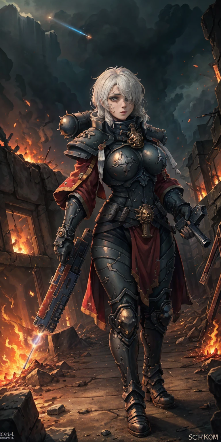 (masterpiece:1.2) (best quality:1.2) perfect eyes, perfect face, perfect lighting, 1girl, mature whsororitas with a laser rifle in her hands, scar over one eye, eyepatch, red tabard, white hair, Warhammer 40k, chaos, fire, Sci-Fi, detailed ruined city background, power armor