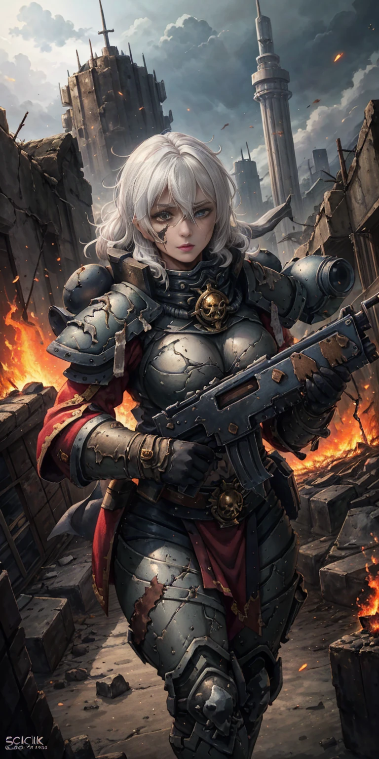 (masterpiece:1.2) (best quality:1.2) perfect eyes, perfect face, perfect lighting, 1girl, mature whsororitas with a laser rifle in her hands, scar over one eye, eyepatch, red tabard, white hair, Warhammer 40k, chaos, fire, Sci-Fi, detailed ruined city background, power armor