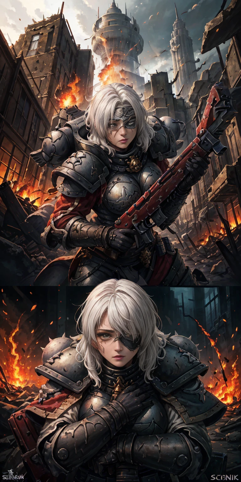 (masterpiece:1.2) (best quality:1.2) perfect eyes, perfect face, perfect lighting, 1girl, mature whsororitas with a laser rifle in her hands, scar over one eye, eyepatch, red tabard, white hair, Warhammer 40k, chaos, fire, Sci-Fi, detailed ruined city background, power armor