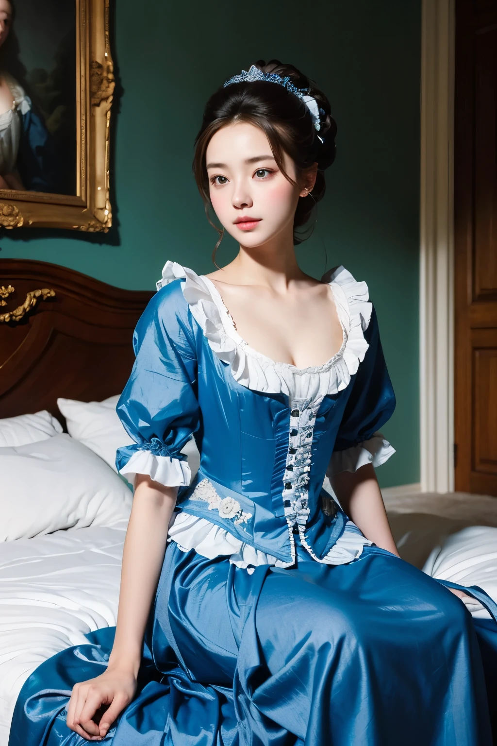 Beautiful woman sitting on bed wearing blue dress, Jean-Baptiste Van Loo(Jean-Baptiste Van Loo)Works inspired by(Jean-Baptiste Van Loo), korean beauty, clothes:random color,