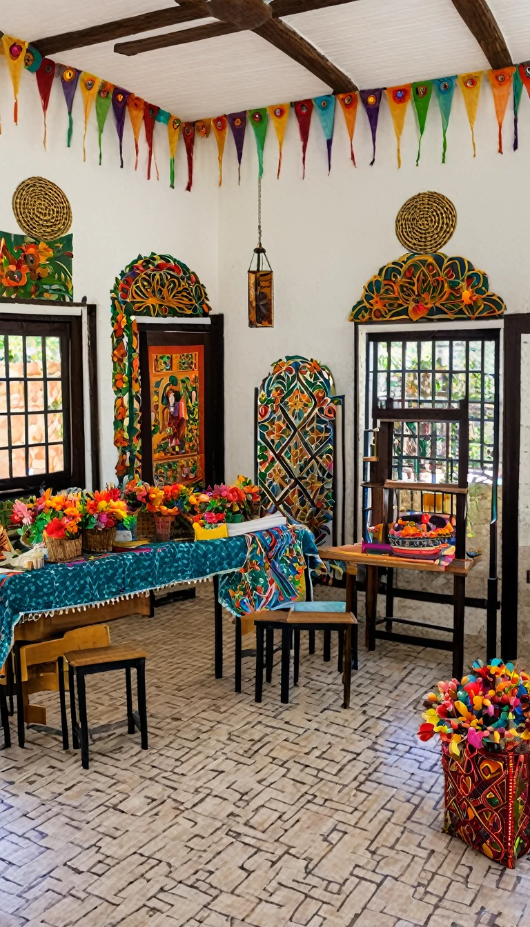 A classroom with Spanish colonial architecture with decorations and products made by vendors