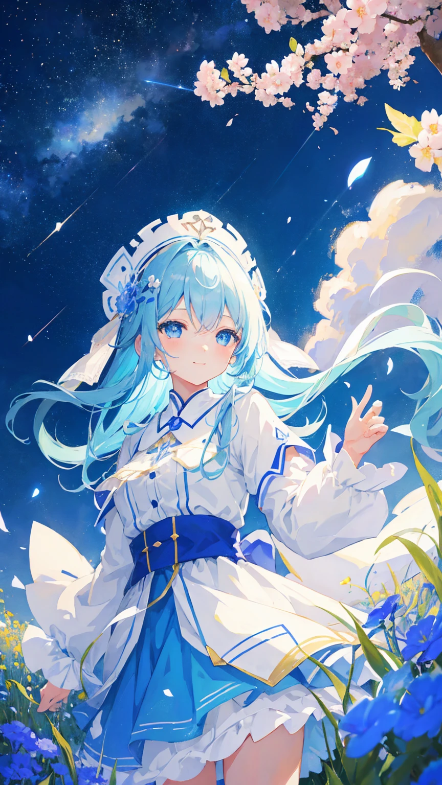 Anime Girl，light blue hair，blue eyes，White裙子，White，Flower headdress，Standing in the flower field，Smile，Starry sky background，Popular topics on artstation pixiv, Digital Art on pixiv, anime art wallpaper 8 k, guweiz on pixiv artstation, Anime Art Wallpaper 4K, Anime Art Wallpaper 4K, Top rated on Pixiv, Beautiful anime artwork, Pixiv competition winner，（Multi-angle）
