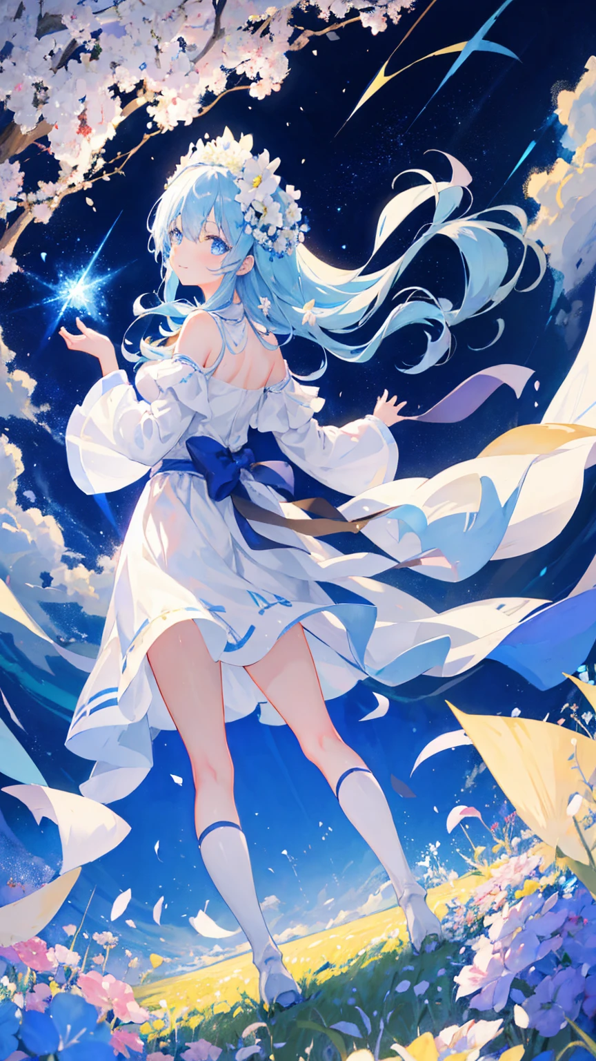 Anime Girl,light blue hair,blue eyes,White裙子,White,Flower headdress,Standing in the flower field,Smile,Starry sky background,Popular topics on artstation pixiv, Digital Art on pixiv, anime art wallpaper 8 k, guweiz on pixiv artstation, Anime Art Wallpaper 4K, Anime Art Wallpaper 4K, Top rated on Pixiv, Beautiful anime artwork, Pixiv competition winner,(Multi-angle)