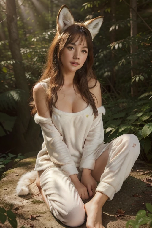 Professional, high-quality photos, 4K resolution, Realistically detailed image of an attractive girl in fluffy white pajamas with fox ears and a fox tail. She is sitting in the middle of a magical forest, Every element is perfectly expressed. The texture of pajamas, The ears and tail are sharp、palpable. The sunlight falls on the leaves、The girl's face is gently illuminated, Highlights delicate and attractive facial expressions