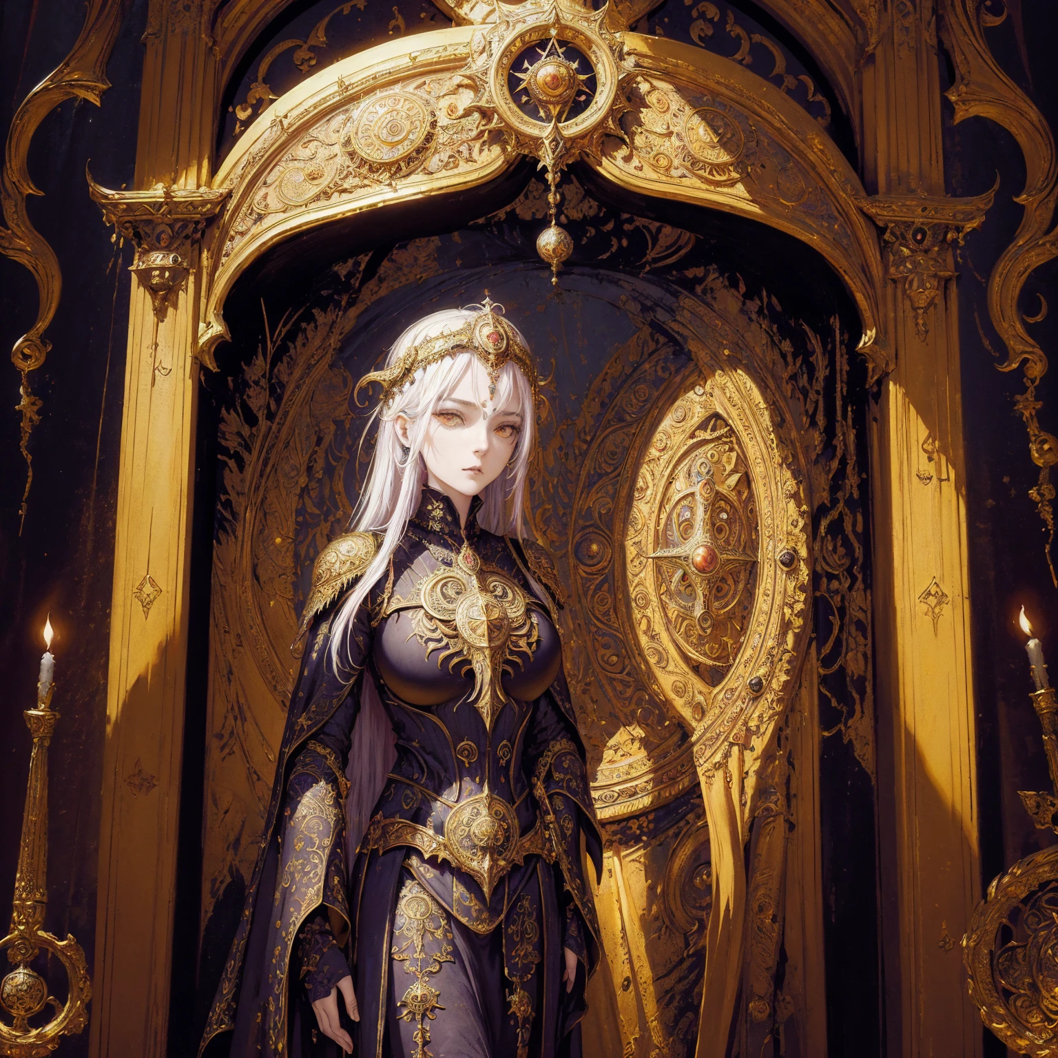 Art of woman wearing sun crown and ornate breastplate, (((Occult art))), ancient goddess art, Sacredness. Very detailed, Mysterious inspiration, Inspiration from the Sun God, Religious inspiration, Cold and snobbish face, Give an oracle, Temple Background, Standing, Full body portrait, (Gothic art style, Weird art style :1.3)