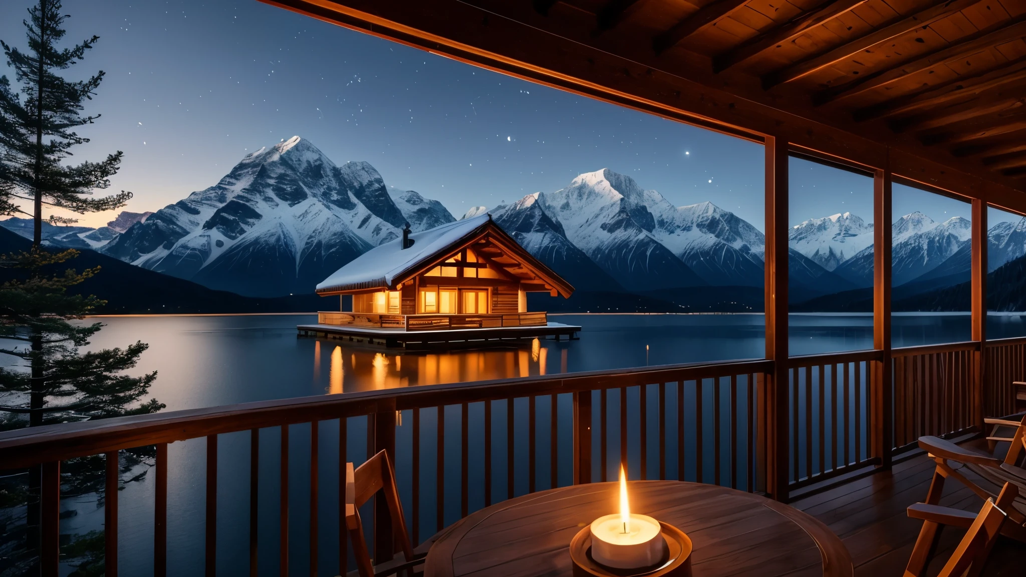 A distant mountain hut in the moonlight、Candle flame、lake、Balcony