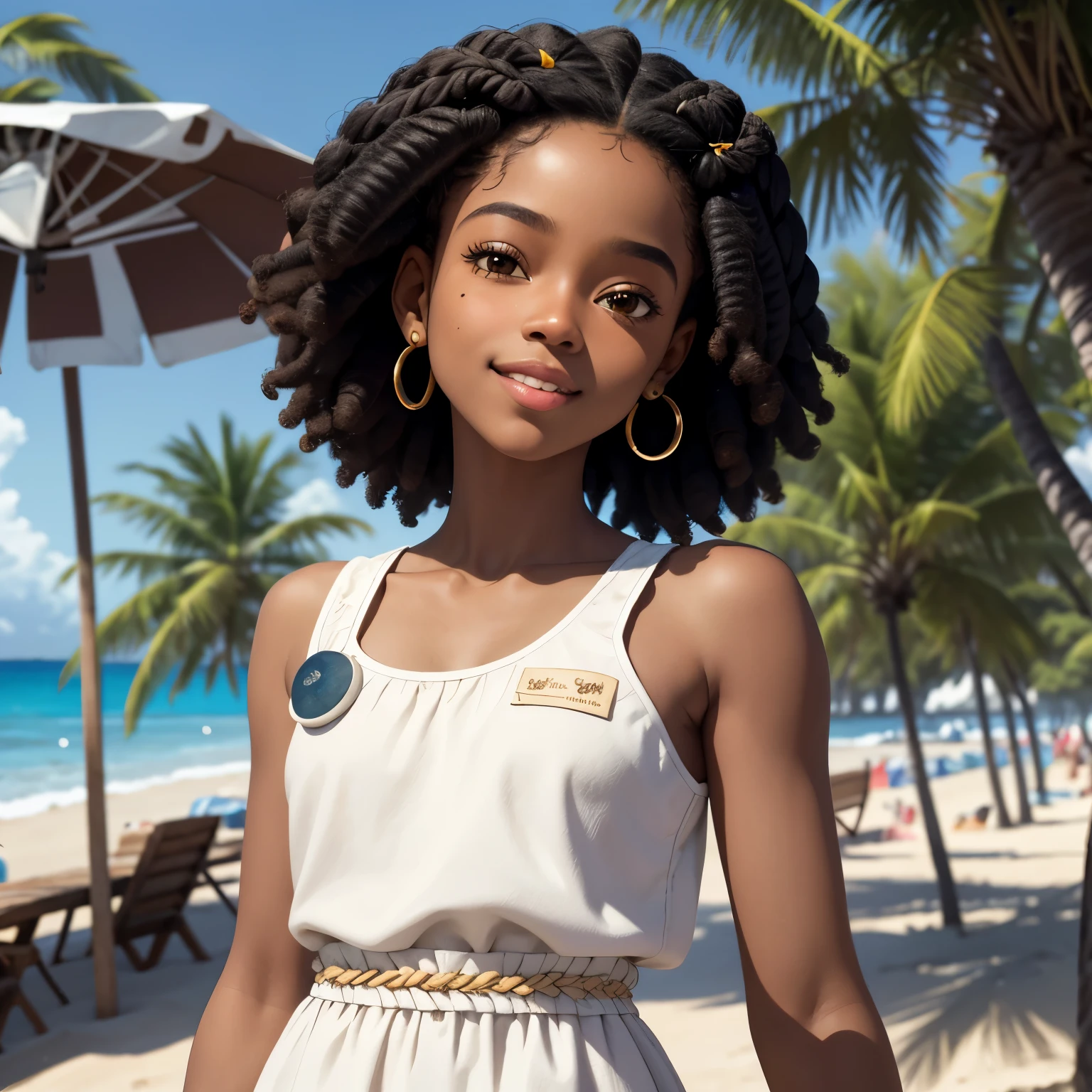 masterpiece, best quality), deep ebony 1girl, beautiful face, short Afro braids , cute, , beautify, Lofi vibe,, cute sunny vibe, concentrated, hands outside of the picture ,beach vibe , cute white dress, cute look, clothing is dry and baggy, small breasts, teen vibe, cute smile,  walking by the beach, seagull’s background 