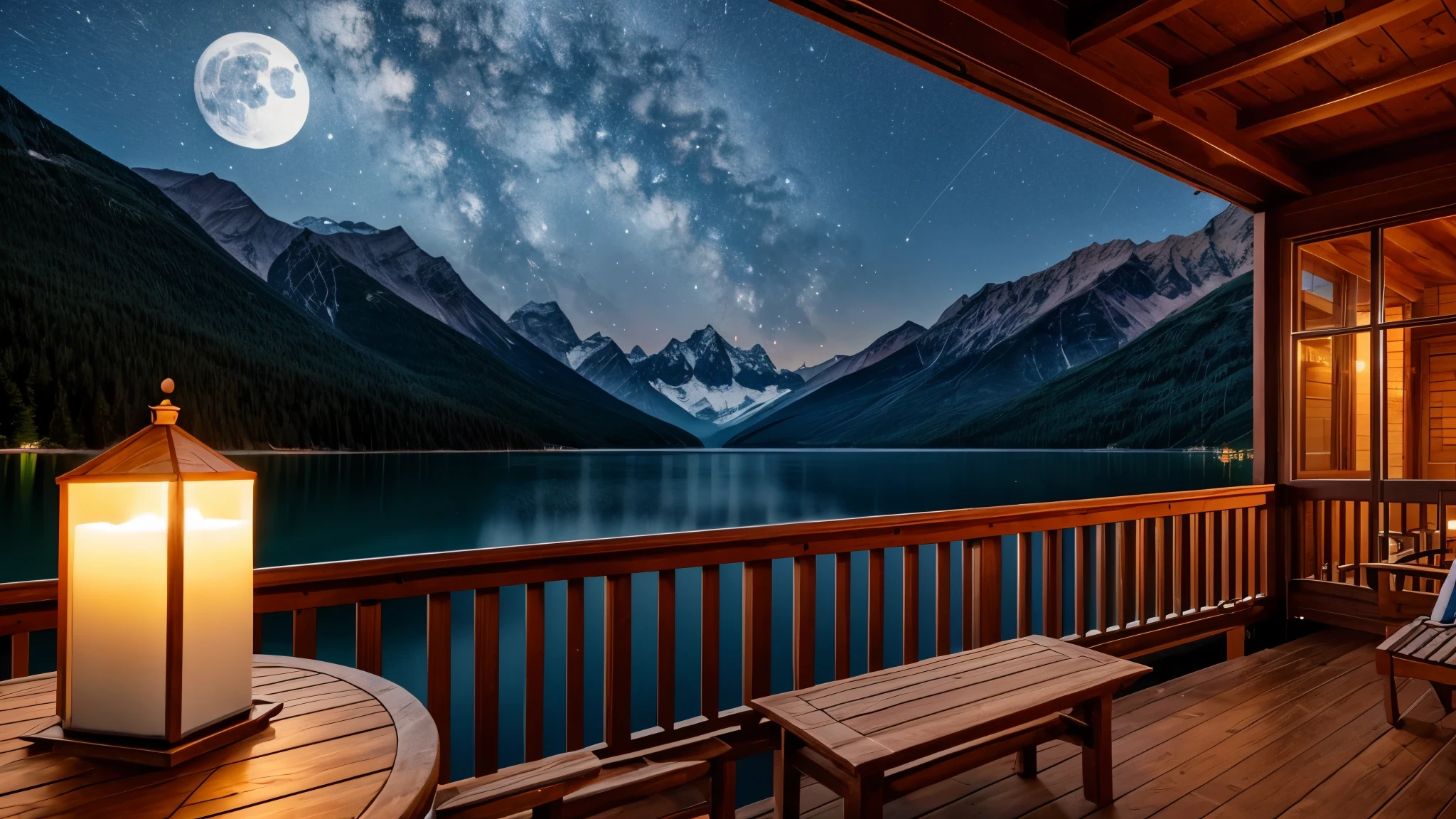 A distant mountain hut in the moonlight、Candle flame、lake、Balcony

