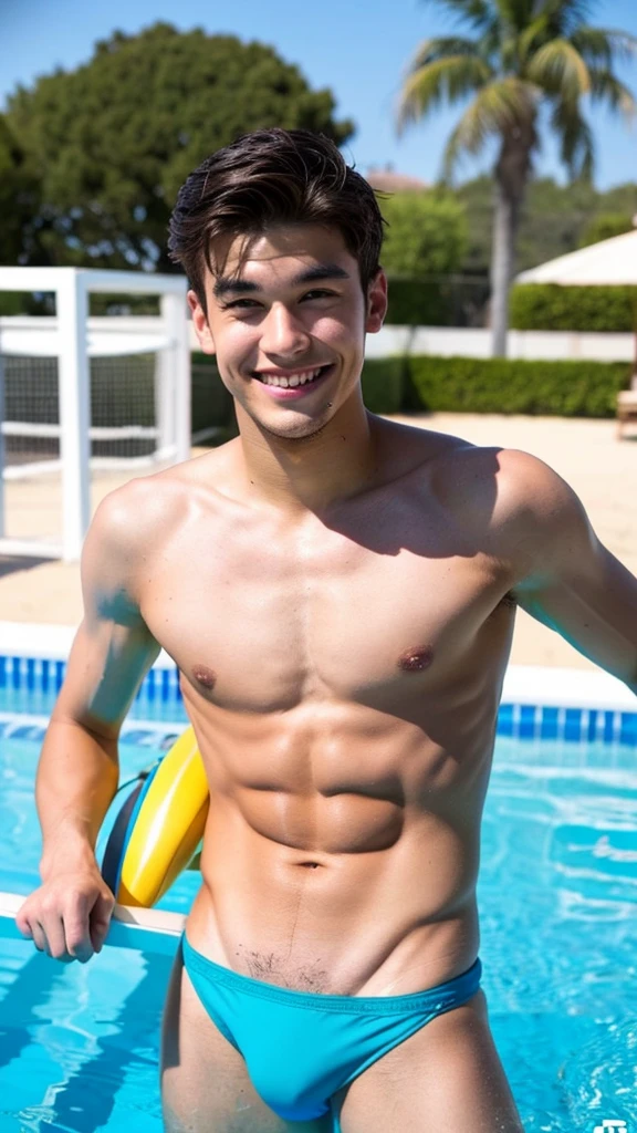 male Age 26 swimwear lifeguard topless smile