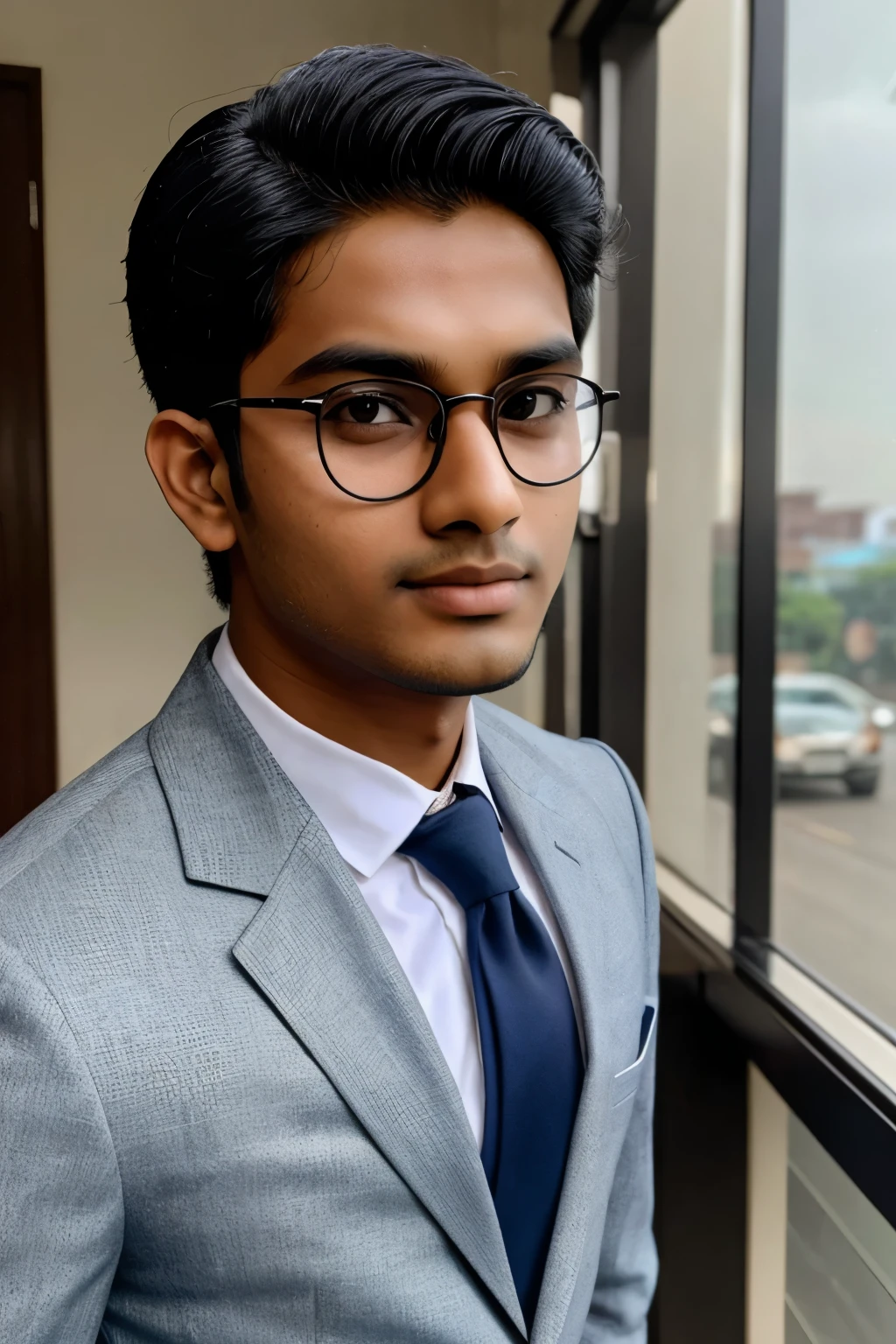 Prompt:

21 year old indian boy With fair skin Wearing spectacles and narrow body Posing for a linkedin picture in formals